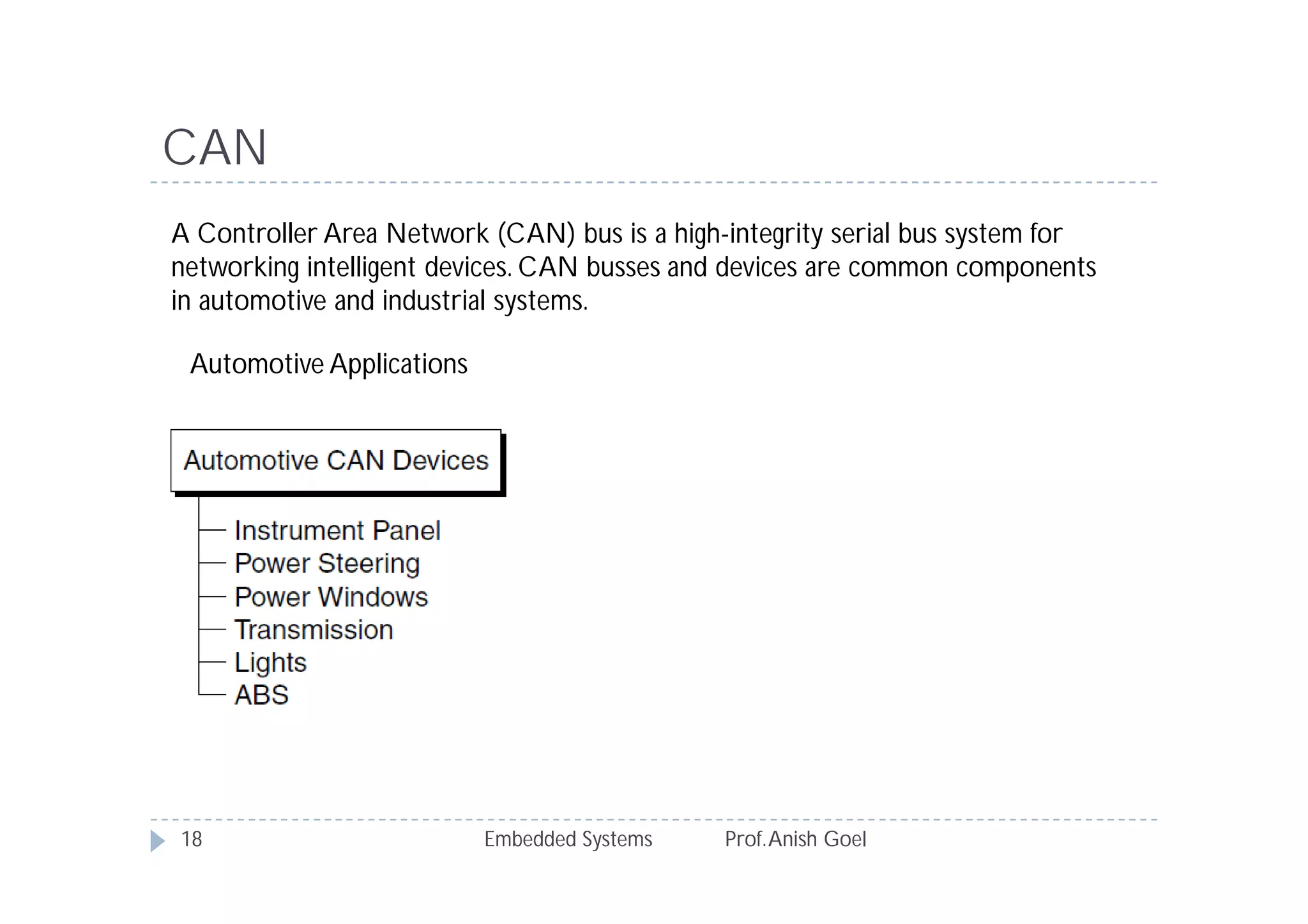 Embedded Systems Prof.Anish Goel18
CAN
A Controller Area Network (CAN) bus is a high-integrity serial bus system for
networking intelligent devices. CAN busses and devices are common components
in automotive and industrial systems.
Automotive Applications
 