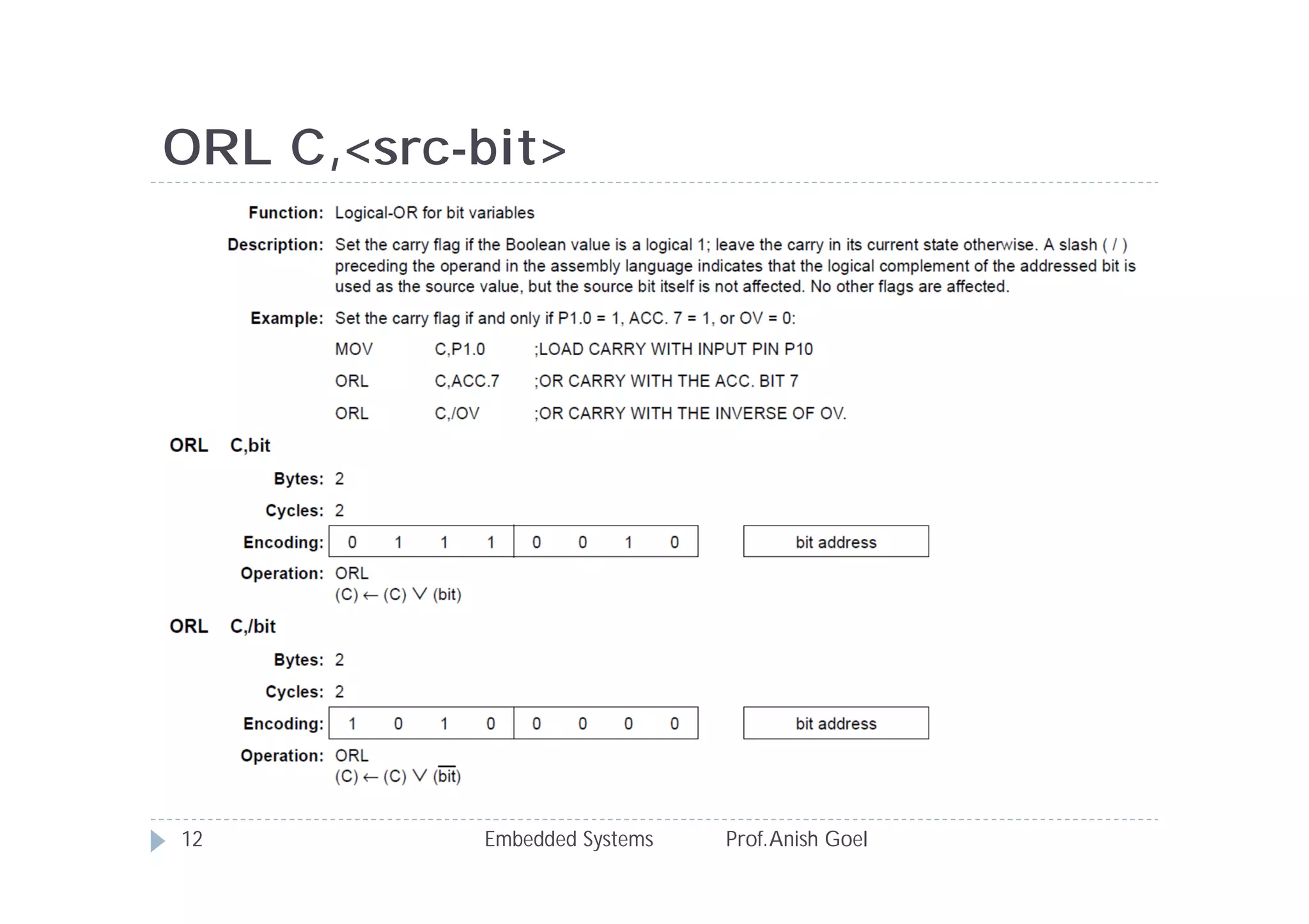 ORL C,<src-bit>
Embedded Systems Prof.Anish Goel12