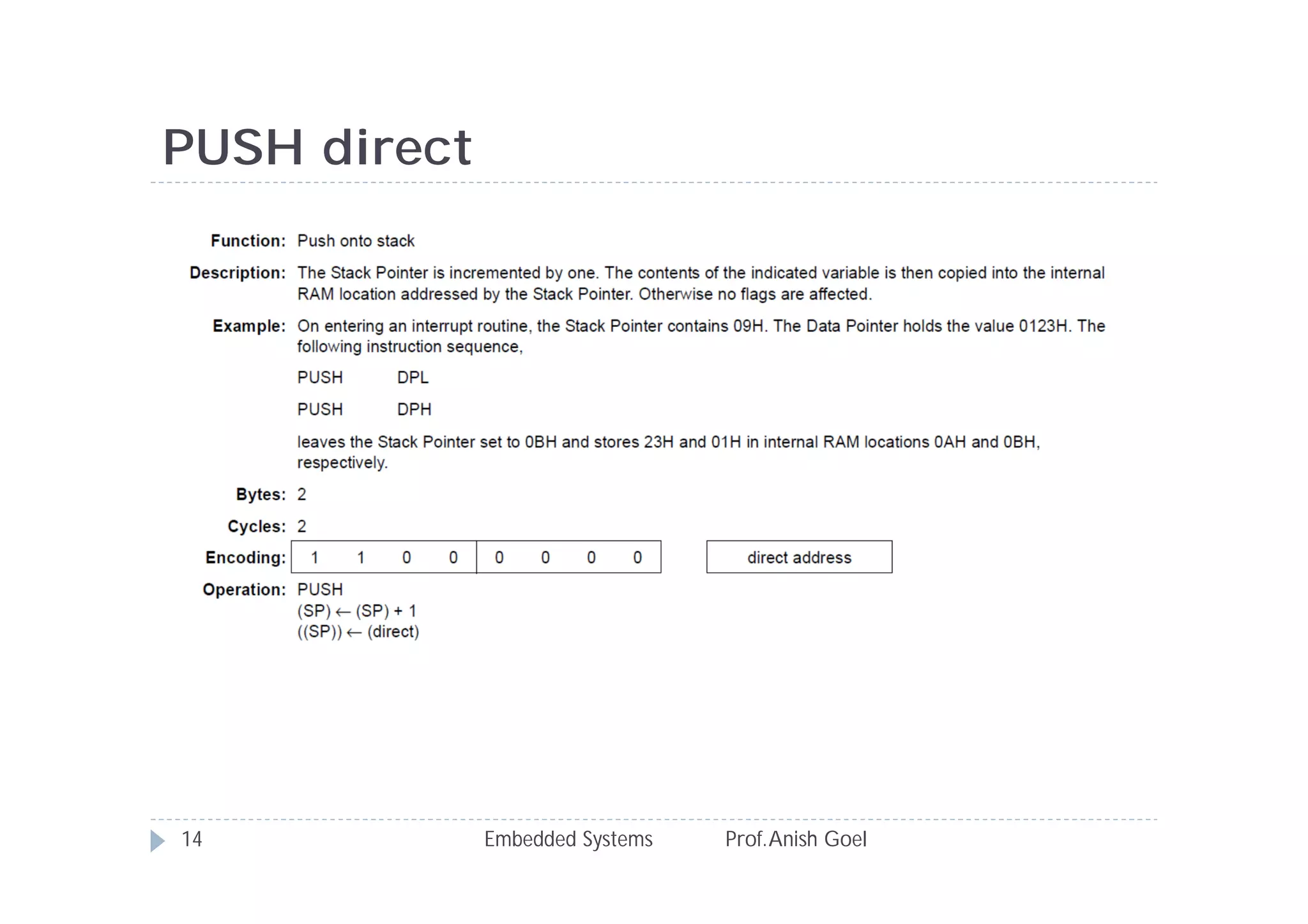 PUSH direct
Embedded Systems Prof.Anish Goel14