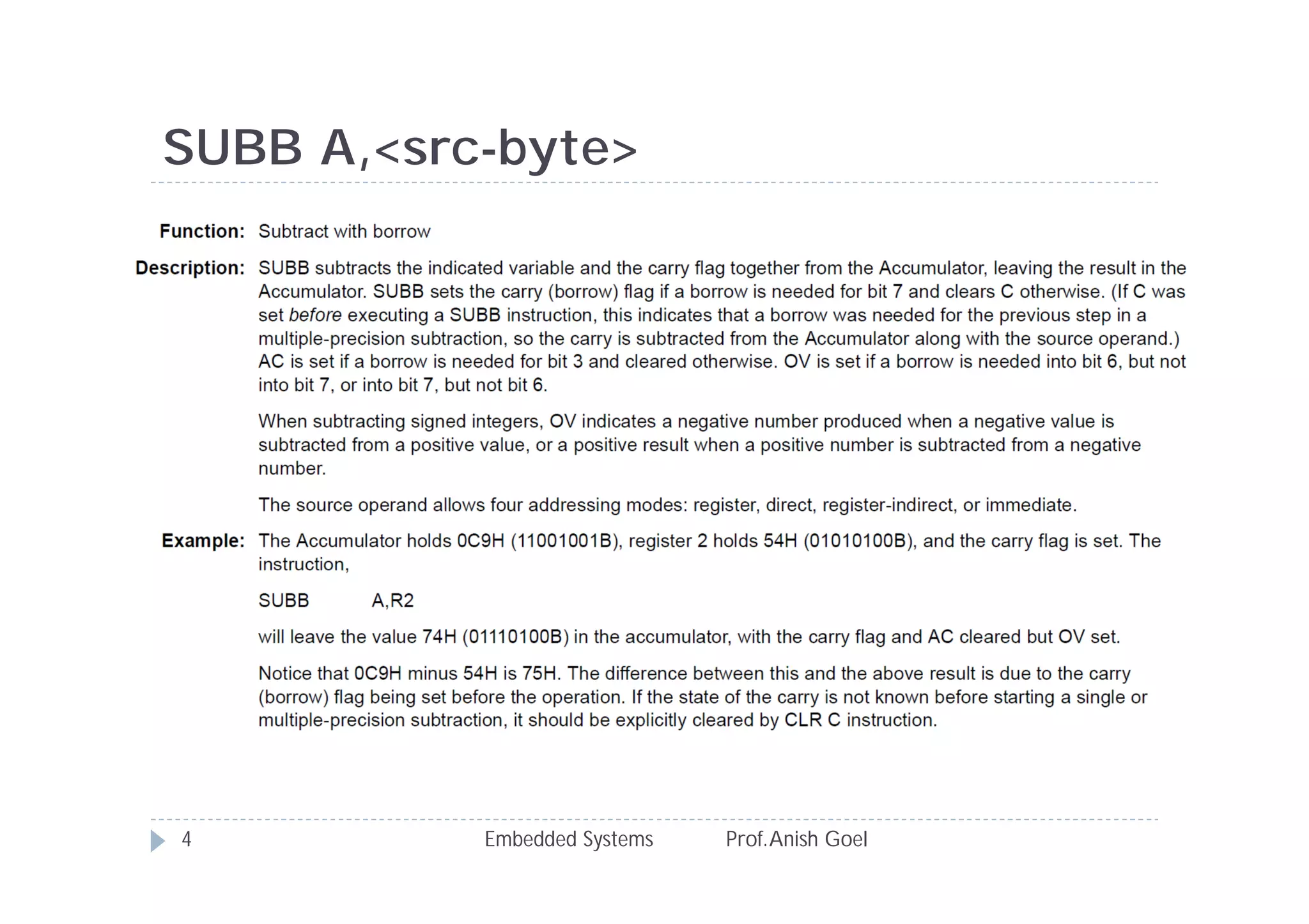 Embedded Systems Prof.Anish Goel4
SUBB A,<src-byte>