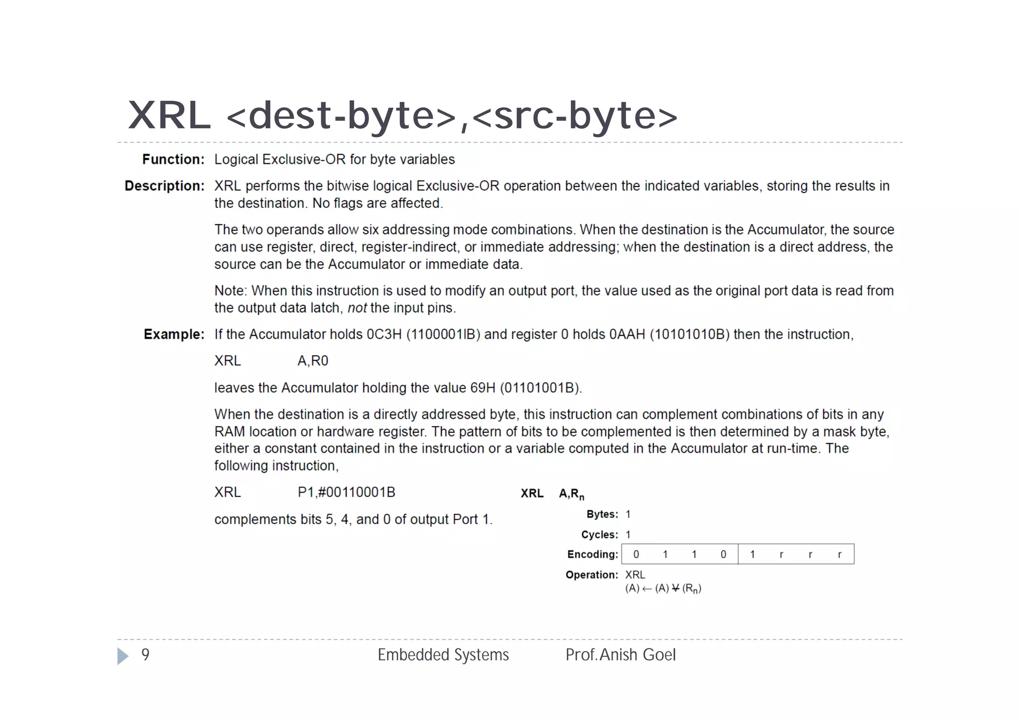 Embedded Systems Prof.Anish Goel9
XRL <dest-byte>,<src-byte>