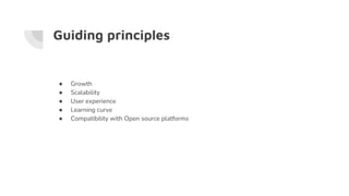 Guiding principles
● Growth
● Scalability
● User experience
● Learning curve
● Compatibility with Open source platforms
 