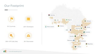 | www.africastalking.com
Our Footprint
19+ Countries 45K+ Developers
55M+ API Calls Daily 6K+ Businesses
 