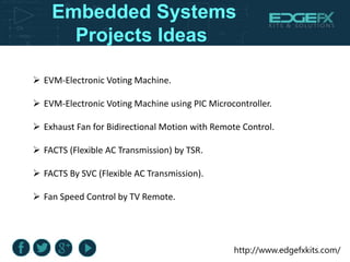 http://www.edgefxkits.com/
Embedded Systems
Projects Ideas
 EVM-Electronic Voting Machine.
 EVM-Electronic Voting Machine using PIC Microcontroller.
 Exhaust Fan for Bidirectional Motion with Remote Control.
 FACTS (Flexible AC Transmission) by TSR.
 FACTS By SVC (Flexible AC Transmission).
 Fan Speed Control by TV Remote.
 