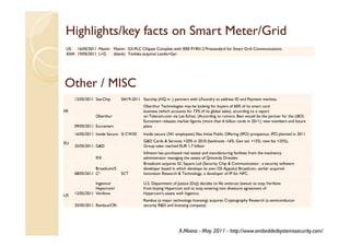Highlights/key facts on Smart Meter/Grid
                              Meter/
 US   16/05/2011 Maxim Maxim G3-PLC Chipset Complies with IEEE P1901.2 Prestandard for Smart Grid Communications
 ASIA 19/05/2011 L+G   (blank) Toshiba acquires Landis+Gyr




Other / MISC
     12/05/2011 StarChip     SI#19-2011 Starchip (HQ in ,) partners with LFoundry to address ID and Payment markets.
                                         Oberthur Technologies may be looking for buyers of 60% of its smart card
FR                                       business (which accounts for 73% of its global sales), according to a report
                Oberthur                 on Telecom.com via Les Echos. (According to rumors, Bain would be the partner for the LBO)
                                         Eurosmart releases market figures (more than 6 billion cards in 2011), new members and future
     09/05/2011 Eurosmart                plans
     16/05/2011 Inside Secure SI CW20    Inside secure (341 employees) files Initial Public Offering (IPO) prospectus, IPO planned in 2011

EU                                       G&D Cards & Services +20% in 2010 (banknote -16%, Gov sol. +15%, new biz +25%),
     25/05/2011 G&D                      Group sales reached EUR 1.7 billion
                                         Infineon has purchased real estate and manufacturing facilities from the insolvency
                IFX                      administrator managing the assets of Qimonda Dresden.
                                         Broadcom acquires SC Square Ltd (Security Chip & Communication : a security software
                Broadcom/S               developer based in which develops its own OS Appolo) Broadcom, earlier acquired
     08/05/2011 C²           SCT         Innovision Research & Technology, a developer of IP for NFC.

                Ingenico/                U.S. Department of Justice (DoJ) decides to file antitrust lawsuit to stop Verifone
                Hypercom/                from buying Hypercom and to stop entering into divesture agreement of
US   12/05/2011 Verifone                 Hypercom’s assets with Ingenico.
                                         Rambus (a major technology licensing) acquires Cryptography Research (a semiconductor
     25/05/2011 Rambus/CRI               security R&D and licensing company)




                                                              A.Miana - May 2011 - http://www.embeddedsystemssecurity.com/
 