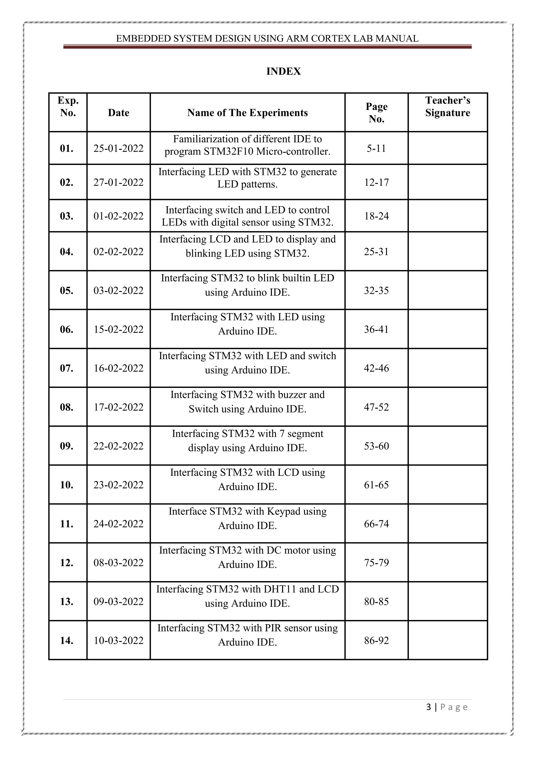 EMBEDDED SYSTEM DESIGN USING ARM CORTEX LAB MANUAL 3 | P a g e INDEX Exp. No. Date Name of The Experiments Page No. Teacher’s Signature 01. 25-01-2022 Familiarization of different IDE to program STM32F10 Micro-controller. 5-11 02. 27-01-2022 Interfacing LED with STM32 to generate LED patterns. 12-17 03. 01-02-2022 Interfacing switch and LED to control LEDs with digital sensor using STM32. 18-24 04. 02-02-2022 Interfacing LCD and LED to display and blinking LED using STM32. 25-31 05. 03-02-2022 Interfacing STM32 to blink builtin LED using Arduino IDE. 32-35 06. 15-02-2022 Interfacing STM32 with LED using Arduino IDE. 36-41 07. 16-02-2022 Interfacing STM32 with LED and switch using Arduino IDE. 42-46 08. 17-02-2022 Interfacing STM32 with buzzer and Switch using Arduino IDE. 47-52 09. 22-02-2022 Interfacing STM32 with 7 segment display using Arduino IDE. 53-60 10. 23-02-2022 Interfacing STM32 with LCD using Arduino IDE. 61-65 11. 24-02-2022 Interface STM32 with Keypad using Arduino IDE. 66-74 12. 08-03-2022 Interfacing STM32 with DC motor using Arduino IDE. 75-79 13. 09-03-2022 Interfacing STM32 with DHT11 and LCD using Arduino IDE. 80-85 14. 10-03-2022 Interfacing STM32 with PIR sensor using Arduino IDE. 86-92 