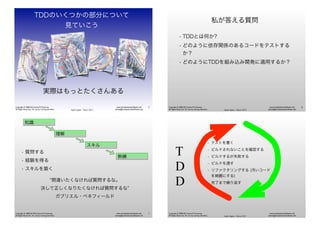 Agile Japan - Tokyo 2013
www.renaissancesoftware.net
james@renaissancesoftware.net
Copyright © 2008-2013 James W. Grenning
All Rights Reserved. For use by training attendees.
TDDのいくつかの部分について
見ていこう
実際はもっとたくさんある
5
Agile Japan - Tokyo 2013
www.renaissancesoftware.net
james@renaissancesoftware.net
Copyright © 2008-2013 James W. Grenning
All Rights Reserved. For use by training attendees.
私が答える質問
• TDDとは何か?
• どのように依存関係のあるコードをテストする
か？
• どのようにTDDを組み込み開発に適用するか？
6
www.renaissancesoftware.net
james@renaissancesoftware.net
Copyright © 2008-20132013 James W. Grenning
All Rights Reserved. For use by training attendees.
知識
理解
スキル
熟練
• 質問する
• 経験を得る
• スキルを築く
間違いたくなければ質問するな。
決して正しくなりたくなければ質問するな
ガブリエル・ベネフィールド
7
Agile Japan - Tokyo 2013
www.renaissancesoftware.net
james@renaissancesoftware.net
Copyright © 2008-2013 James W. Grenning
All Rights Reserved. For use by training attendees.
• テストを書く
• ビルドされないことを確認する
• ビルドするが失敗する
• ビルドを通す
• リファクタリングする (汚いコード
を綺麗にする)
• 完了まで繰り返す
T
D
D
 