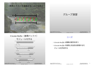 Agile Japan - Tokyo 2013
www.renaissancesoftware.net
james@renaissancesoftware.net
Copyright © 2008-2013 James W. Grenning
All Rights Reserved. For use by training attendees.
開発とテストを連続させ、バグを防ぐ
開発
テスト
9
Agile Japan - Tokyo 2013
www.renaissancesoftware.net
james@renaissancesoftware.net
Copyright © 2008-2013 James W. Grenning
All Rights Reserved. For use by training attendees.
グループ演習
10
Agile Japan - Tokyo 2013
www.renaissancesoftware.net
james@renaissancesoftware.net
Copyright © 2008-2013 James W. Grenning
All Rights Reserved. For use by training attendees.
Circular Buffer（循環バッファ）
モジュールを作る
41 59 14 33 7 31
In-Index Out-Index
Out-Index In-Index
23 7 66 12 99 16 90
Out-Index In-Index
42 -6 23 7 66 12 99 16 90
Out-Index In-Index
99
11
Agile Japan - Tokyo 2013
www.renaissancesoftware.net
james@renaissancesoftware.net
Copyright © 2008-2013 James W. Grenning
All Rights Reserved. For use by training attendees.
ニーズ
• Circular Buffer は整数の配列を持つ
• Circular Buffer の使用と完全性を管理するモ
ジュールを作成する
12
 