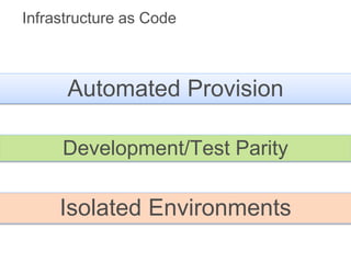 Infrastructure as Code
Automated Provision
Development/Test Parity
Isolated Environments
 