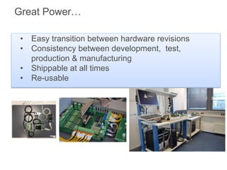 Great Power…
• Easy transition between hardware revisions
• Consistency between development, test,
production & manufacturing
• Shippable at all times
• Re-usable
 