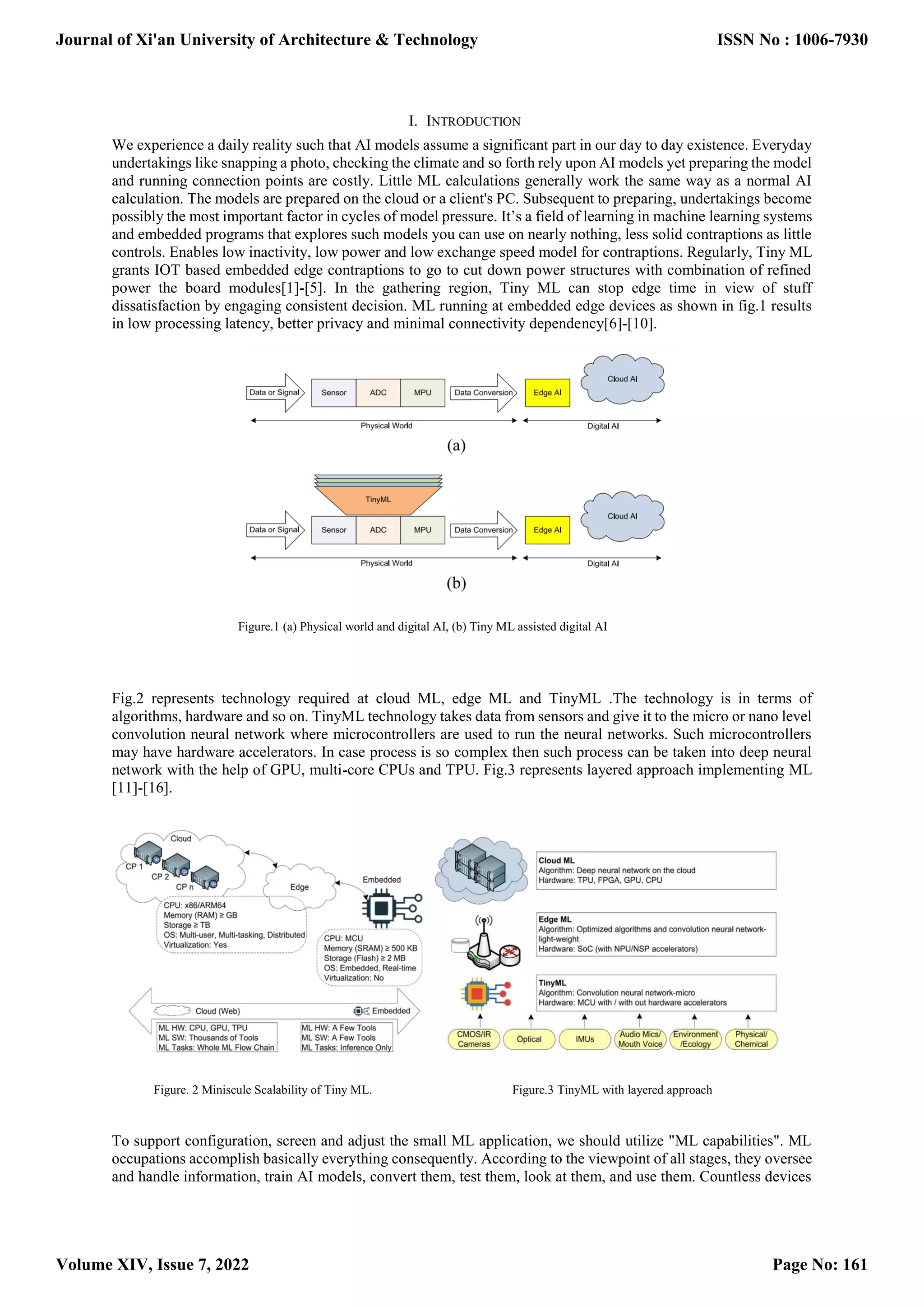 I. INTRODUCTION We experience a daily reality such that AI models assume a significant part in our day to day existence. Everyday undertakings like snapping a photo, checking the climate and so forth rely upon AI models yet preparing the model and running connection points are costly. Little ML calculations generally work the same way as a normal AI calculation. The models are prepared on the cloud or a client's PC. Subsequent to preparing, undertakings become possibly the most important factor in cycles of model pressure. It’s a field of learning in machine learning systems and embedded programs that explores such models you can use on nearly nothing, less solid contraptions as little controls. Enables low inactivity, low power and low exchange speed model for contraptions. Regularly, Tiny ML grants IOT based embedded edge contraptions to go to cut down power structures with combination of refined power the board modules[1]-[5]. In the gathering region, Tiny ML can stop edge time in view of stuff dissatisfaction by engaging consistent decision. ML running at embedded edge devices as shown in fig.1 results in low processing latency, better privacy and minimal connectivity dependency[6]-[10]. Figure.1 (a) Physical world and digital AI, (b) Tiny ML assisted digital AI Fig.2 represents technology required at cloud ML, edge ML and TinyML .The technology is in terms of algorithms, hardware and so on. TinyML technology takes data from sensors and give it to the micro or nano level convolution neural network where microcontrollers are used to run the neural networks. Such microcontrollers may have hardware accelerators. In case process is so complex then such process can be taken into deep neural network with the help of GPU, multi-core CPUs and TPU. Fig.3 represents layered approach implementing ML [11]-[16]. Figure. 2 Miniscule Scalability of Tiny ML. Figure.3 TinyML with layered approach To support configuration, screen and adjust the small ML application, we should utilize "ML capabilities". ML occupations accomplish basically everything consequently. According to the viewpoint of all stages, they oversee and handle information, train AI models, convert them, test them, look at them, and use them. Countless devices Journal of Xi'an University of Architecture & Technology Volume XIV, Issue 7, 2022 ISSN No : 1006-7930 Page No: 161 