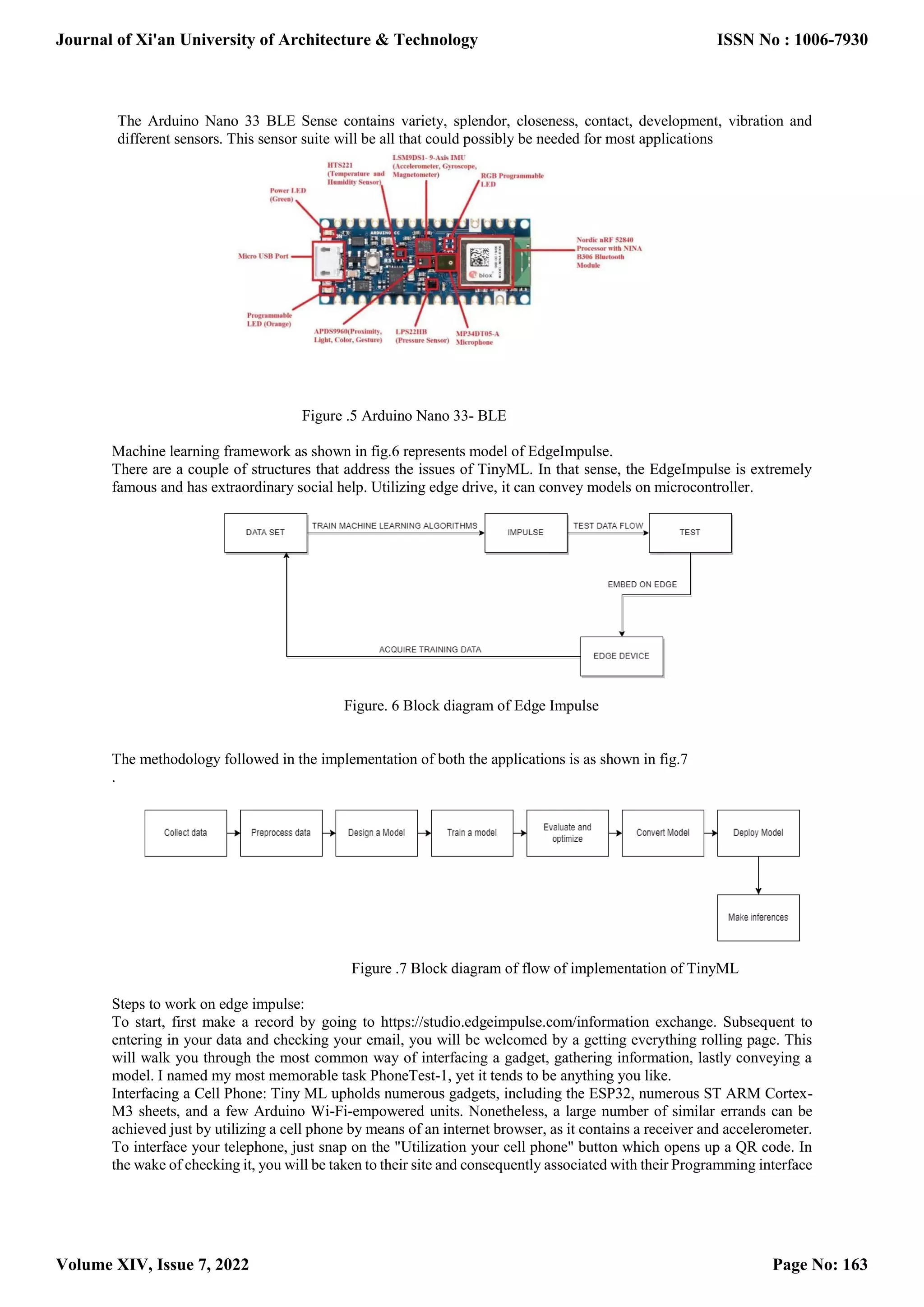 The Arduino Nano 33 BLE Sense contains variety, splendor, closeness, contact, development, vibration and different sensors. This sensor suite will be all that could possibly be needed for most applications Figure .5 Arduino Nano 33- BLE Machine learning framework as shown in fig.6 represents model of EdgeImpulse. There are a couple of structures that address the issues of TinyML. In that sense, the EdgeImpulse is extremely famous and has extraordinary social help. Utilizing edge drive, it can convey models on microcontroller. Figure. 6 Block diagram of Edge Impulse The methodology followed in the implementation of both the applications is as shown in fig.7 . Figure .7 Block diagram of flow of implementation of TinyML Steps to work on edge impulse: To start, first make a record by going to https://studio.edgeimpulse.com/information exchange. Subsequent to entering in your data and checking your email, you will be welcomed by a getting everything rolling page. This will walk you through the most common way of interfacing a gadget, gathering information, lastly conveying a model. I named my most memorable task PhoneTest-1, yet it tends to be anything you like. Interfacing a Cell Phone: Tiny ML upholds numerous gadgets, including the ESP32, numerous ST ARM Cortex- M3 sheets, and a few Arduino Wi-Fi-empowered units. Nonetheless, a large number of similar errands can be achieved just by utilizing a cell phone by means of an internet browser, as it contains a receiver and accelerometer. To interface your telephone, just snap on the "Utilization your cell phone" button which opens up a QR code. In the wake of checking it, you will be taken to their site and consequently associated with their Programming interface Journal of Xi'an University of Architecture & Technology Volume XIV, Issue 7, 2022 ISSN No : 1006-7930 Page No: 163 