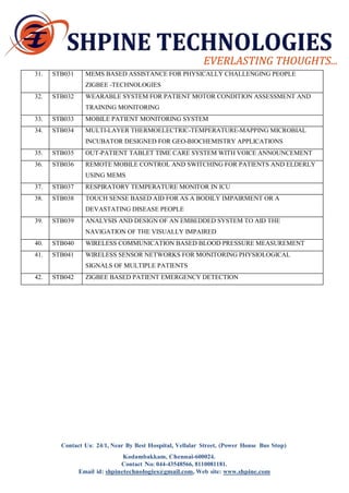 Kodambakkam, Chennai-600024. 
Contact No: 044-43548566, 8110081181. 
Email id: shpinetechnologies@gmail.com, Web site: www.shpine.com 
31. 
STB031 
MEMS BASED ASSISTANCE FOR PHYSICALLY CHALLENGING PEOPLE 
ZIGBEE -TECHNOLOGIES 
32. 
STB032 
WEARABLE SYSTEM FOR PATIENT MOTOR CONDITION ASSESSMENT AND 
TRAINING MONITORING 
33. 
STB033 
MOBILE PATIENT MONITORING SYSTEM 
34. 
STB034 
MULTI-LAYER THERMOELECTRIC-TEMPERATURE-MAPPING MICROBIAL 
INCUBATOR DESIGNED FOR GEO-BIOCHEMISTRY APPLICATIONS 
35. 
STB035 
OUT-PATIENT TABLET TIME CARE SYSTEM WITH VOICE ANNOUNCEMENT 
36. 
STB036 
REMOTE MOBILE CONTROL AND SWITCHING FOR PATIENTS AND ELDERLY 
USING MEMS 
37. 
STB037 
RESPIRATORY TEMPERATURE MONITOR IN ICU 
38. 
STB038 
TOUCH SENSE BASED AID FOR AS A BODILY IMPAIRMENT OR A 
DEVASTATING DISEASE PEOPLE 
39. 
STB039 
ANALYSIS AND DESIGN OF AN EMBEDDED SYSTEM TO AID THE 
NAVIGATION OF THE VISUALLY IMPAIRED 
40. 
STB040 
WIRELESS COMMUNICATION BASED BLOOD PRESSURE MEASUREMENT 
41. 
STB041 
WIRELESS SENSOR NETWORKS FOR MONITORING PHYSIOLOGICAL 
SIGNALS OF MULTIPLE PATIENTS 
42. 
STB042 
ZIGBEE BASED PATIENT EMERGENCY DETECTION 
Contact Us: 24/1, Near By Best Hospital, Vellalar Street, (Power House Bus Stop) 
