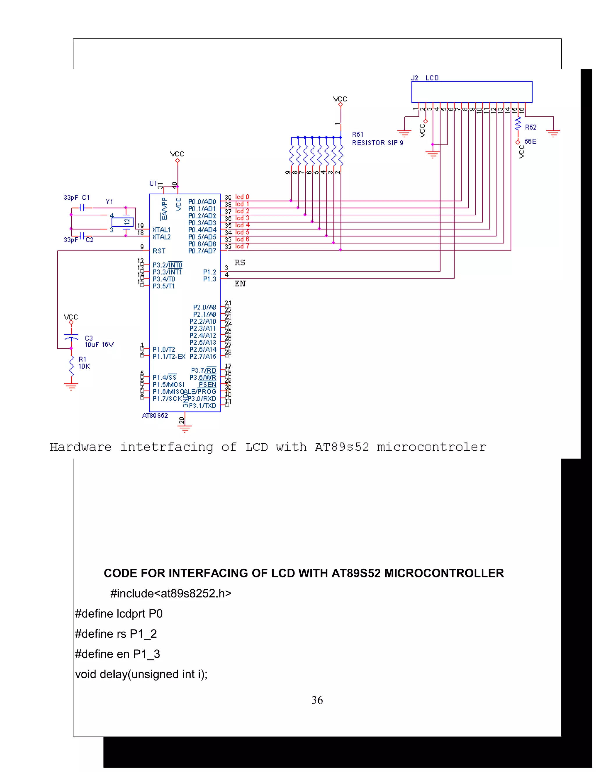 CODE FOR INTERFACING OF LCD WITH AT89S52 MICROCONTROLLER
       #include<at89s8252.h>
#define lcdprt P0
#define rs P1_2
#define en P1_3
void delay(unsigned int i);

                                  36
 