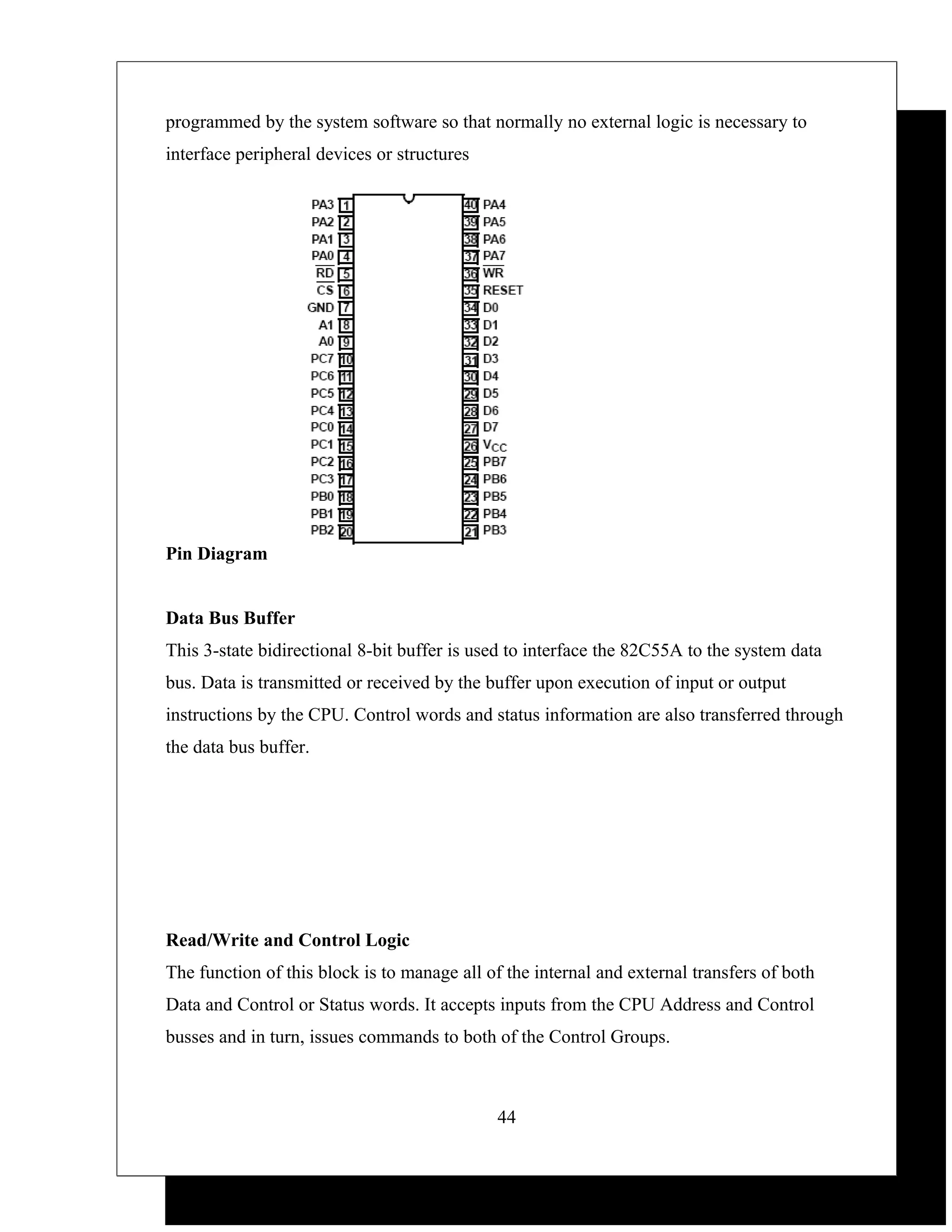 programmed by the system software so that normally no external logic is necessary to
interface peripheral devices or structures




Pin Diagram


Data Bus Buffer
This 3-state bidirectional 8-bit buffer is used to interface the 82C55A to the system data
bus. Data is transmitted or received by the buffer upon execution of input or output
instructions by the CPU. Control words and status information are also transferred through
the data bus buffer.




Read/Write and Control Logic
The function of this block is to manage all of the internal and external transfers of both
Data and Control or Status words. It accepts inputs from the CPU Address and Control
busses and in turn, issues commands to both of the Control Groups.



                                              44
 