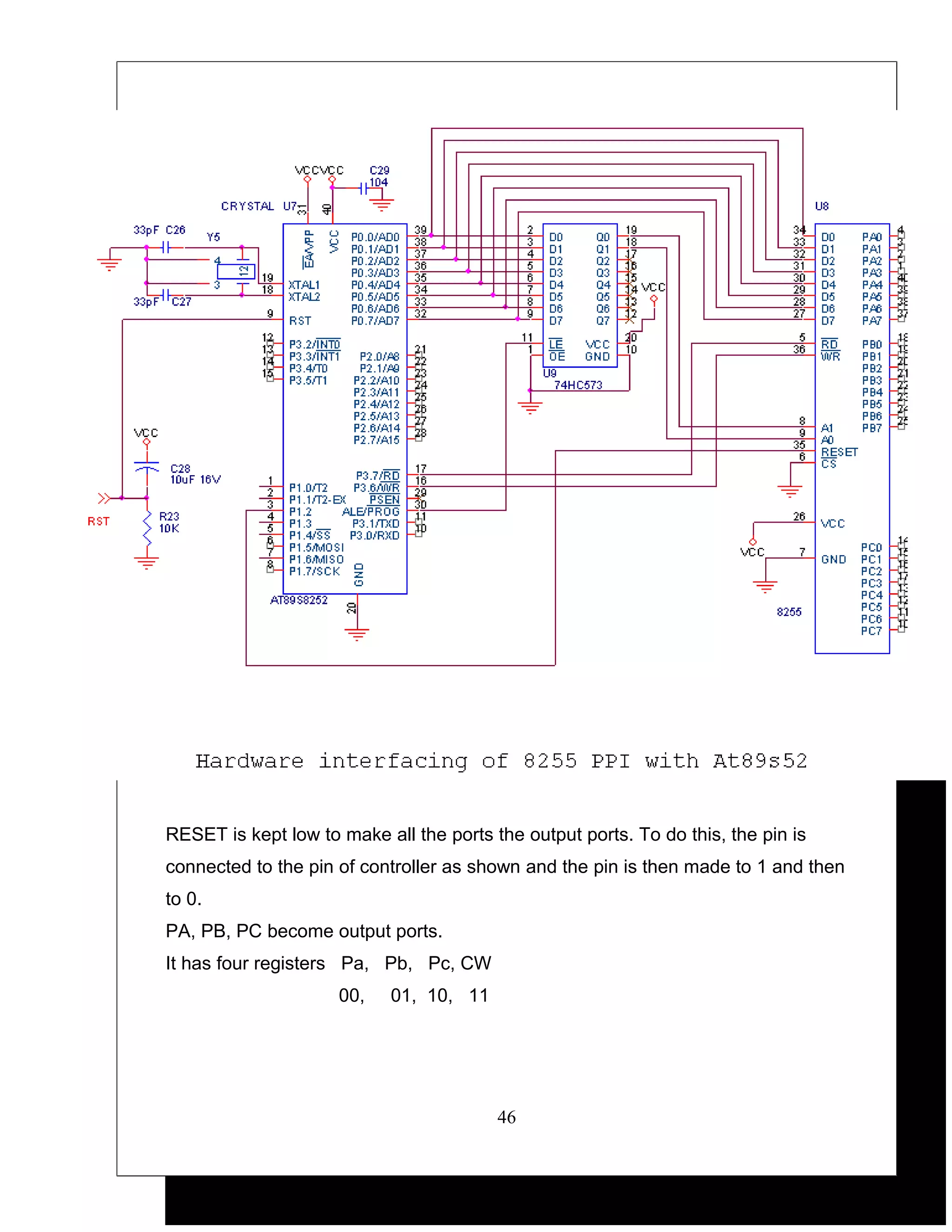 RESET is kept low to make all the ports the output ports. To do this, the pin is
connected to the pin of controller as shown and the pin is then made to 1 and then
to 0.
PA, PB, PC become output ports.
It has four registers Pa, Pb, Pc, CW
                     00,    01, 10, 11




                                         46
 