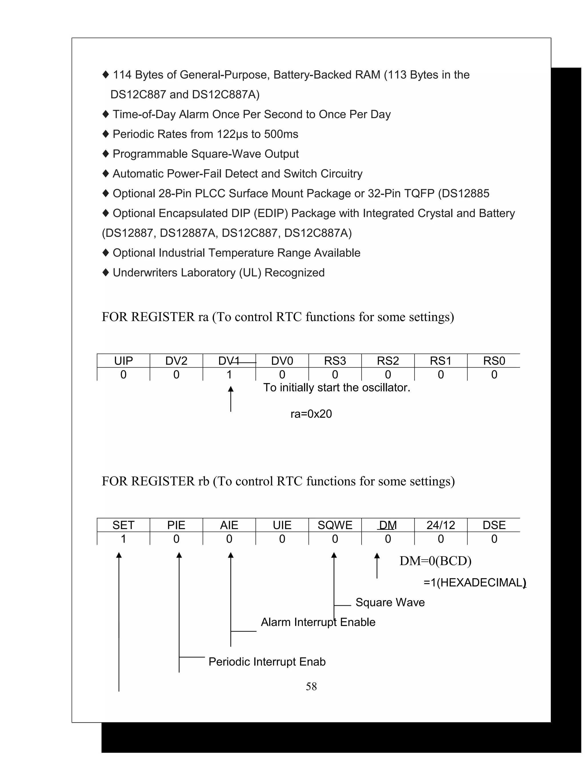 ♦ 114 Bytes of General-Purpose, Battery-Backed RAM (113 Bytes in the
 DS12C887 and DS12C887A)
♦ Time-of-Day Alarm Once Per Second to Once Per Day
♦ Periodic Rates from 122μs to 500ms
♦ Programmable Square-Wave Output
♦ Automatic Power-Fail Detect and Switch Circuitry
♦ Optional 28-Pin PLCC Surface Mount Package or 32-Pin TQFP (DS12885
♦ Optional Encapsulated DIP (EDIP) Package with Integrated Crystal and Battery
(DS12887, DS12887A, DS12C887, DS12C887A)
♦ Optional Industrial Temperature Range Available
♦ Underwriters Laboratory (UL) Recognized


FOR REGISTER ra (To control RTC functions for some settings)


  UIP       DV2       DV1      DV0          RS3        RS2         RS1     RS0
   0         0         1         0            0           0         0       0
                              To initially start the oscillator.

                                    ra=0x20




FOR REGISTER rb (To control RTC functions for some settings)


  SET       PIE       AIE       UIE         SQWE        DM         24/12   DSE
   1         0         0         0            0          0           0      0
                                                             DM=0(BCD)
                                                                   =1(HEXADECIMAL)
                                                   Square Wave
                              Alarm Interrupt Enable


                    Periodic Interrupt Enab

                                       58
 