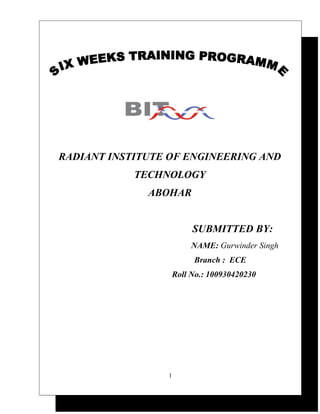 RADIANT INSTITUTE OF ENGINEERING AND
            TECHNOLOGY
              ABOHAR


                          SUBMITTED BY:
                          NAME: Gurwinder Singh
                          Branch : ECE
                     Roll No.: 100930420230




                 1
 