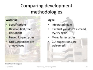 Comparing development
methodologies
Waterfall
• Specifications
• Develop first, then
document
• Fewer, longer cycles
• GUI suggestions are
annoyances
Agile
• Integrated team
• If at first you don’t succeed,
try, try again
• More, faster cycles
• GUI suggestions are
welcomed
2 April 2016 Steven Jong, InterChange 2016 32
Chris Whiton, NH Magazine
 