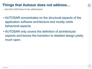 

































































© itemis AG
• AUTOSAR concentrates on the structural aspects of the
application software architecture and mostly omits
behavioral aspects.
• AUTOSAR only covers the definition of architectural
aspects and leaves the transition to detailed design pretty
much open.
Things that Autosar does not address…
... but that still have to be addressed.
13
 