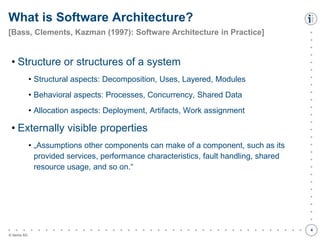 

































































© itemis AG
• Structure or structures of a system
• Structural aspects: Decomposition, Uses, Layered, Modules
• Behavioral aspects: Processes, Concurrency, Shared Data
• Allocation aspects: Deployment, Artifacts, Work assignment
• Externally visible properties
• „Assumptions other components can make of a component, such as its
provided services, performance characteristics, fault handling, shared
resource usage, and so on.“
What is Software Architecture?
[Bass, Clements, Kazman (1997): Software Architecture in Practice]
4
 