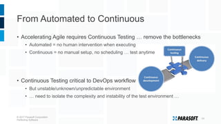 From Automated to Continuous
•  Accelerating Agile requires Continuous Testing … remove the bottlenecks
•  Automated = no human intervention when executing
•  Continuous = no manual setup, no scheduling … test anytime
•  Continuous Testing critical to DevOps workflow
•  But unstable/unknown/unpredictable environment
•  … need to isolate the complexity and instability of the test environment …
© 2017 Parasoft Corporation
Perfecting Software
14	
  
 