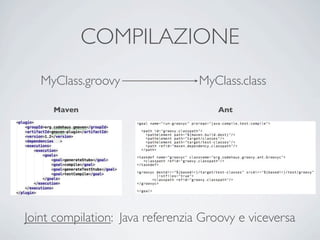 COMPILAZIONE
   MyClass.groovy                 MyClass.class

     Maven                           Ant




Joint compilation: Java referenzia Groovy e viceversa
 