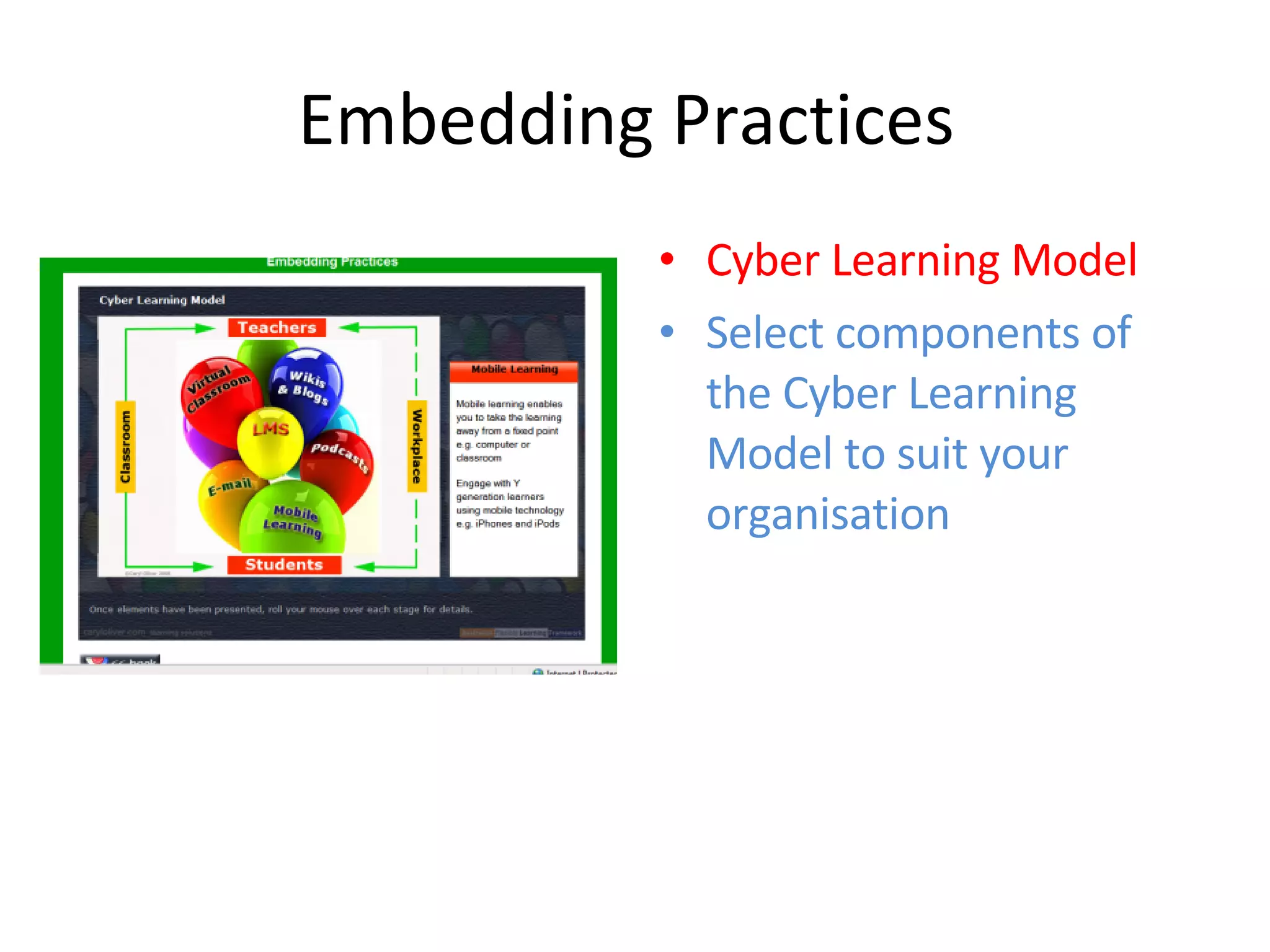 Embedding Practices  Cyber Learning Model Select components of the Cyber Learning Model to suit your organisation 