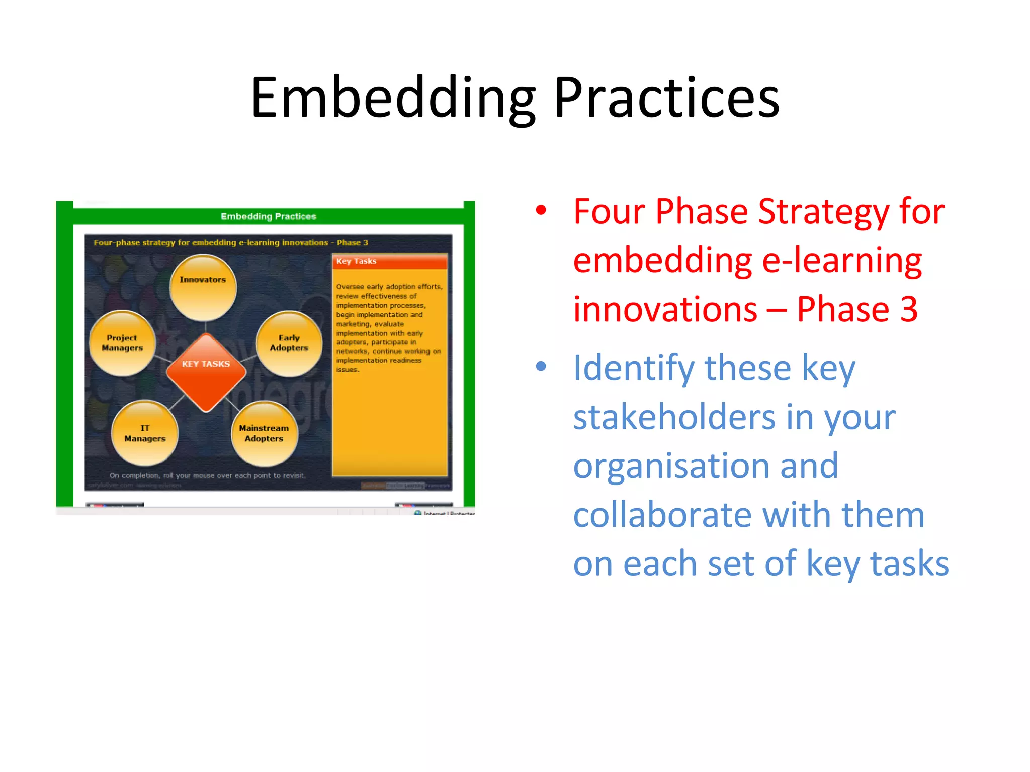 Embedding Practices Four Phase Strategy for embedding e-learning innovations – Phase 3 Identify these key stakeholders in your organisation and collaborate with them on each set of key tasks 