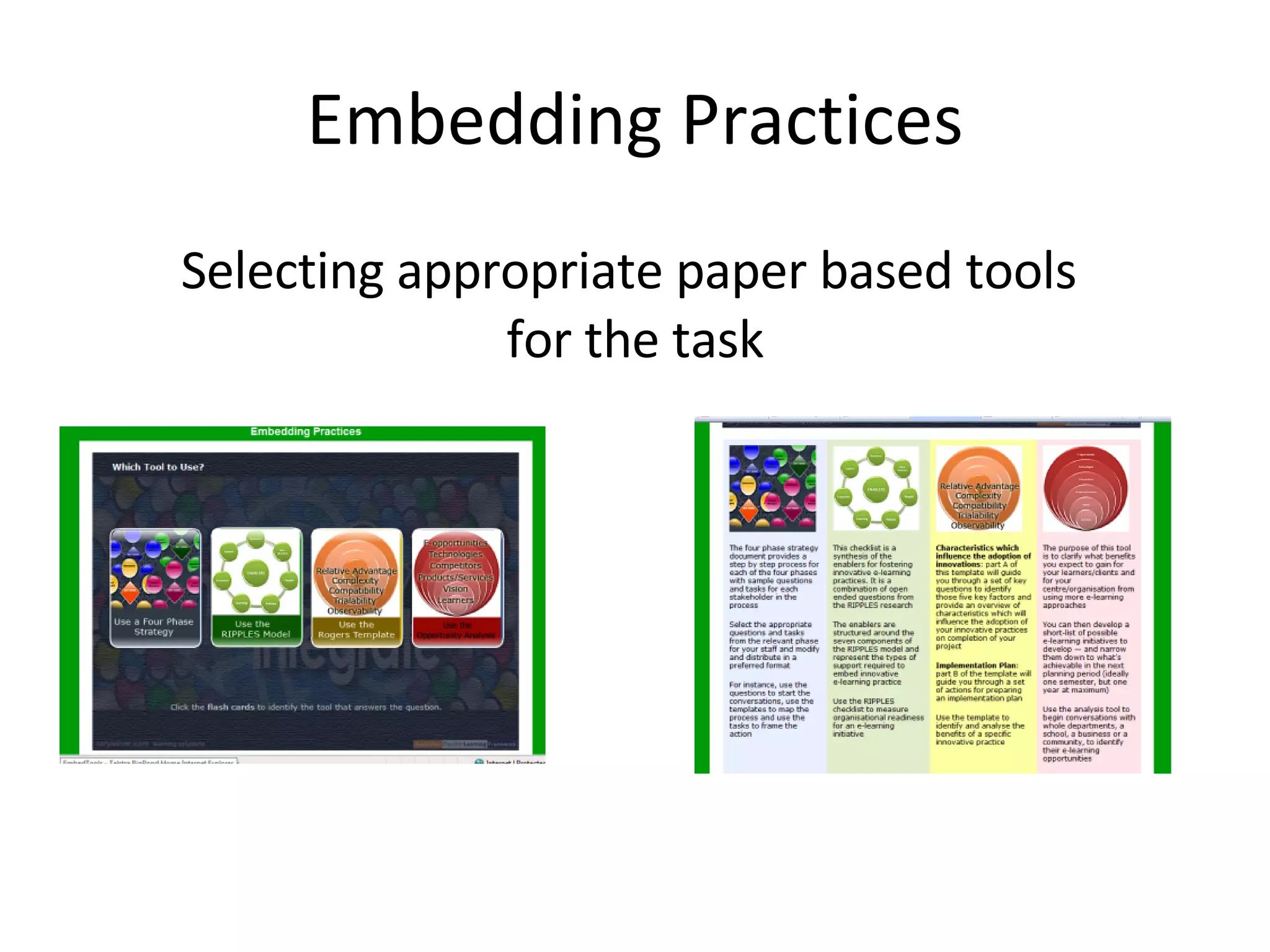 Embedding Practices Selecting appropriate paper based tools  for the task 