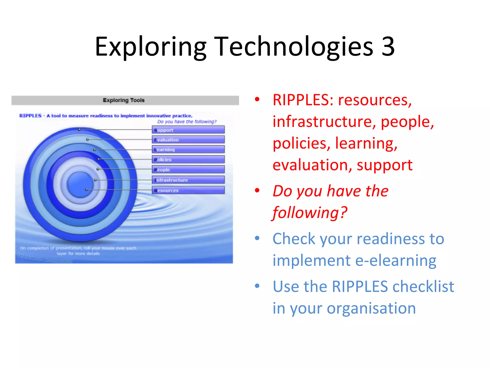 Exploring Technologies 3 RIPPLES: resources, infrastructure, people, policies, learning, evaluation, support Do you have the following? Check your readiness to implement e-elearning Use the RIPPLES checklist in your organisation 