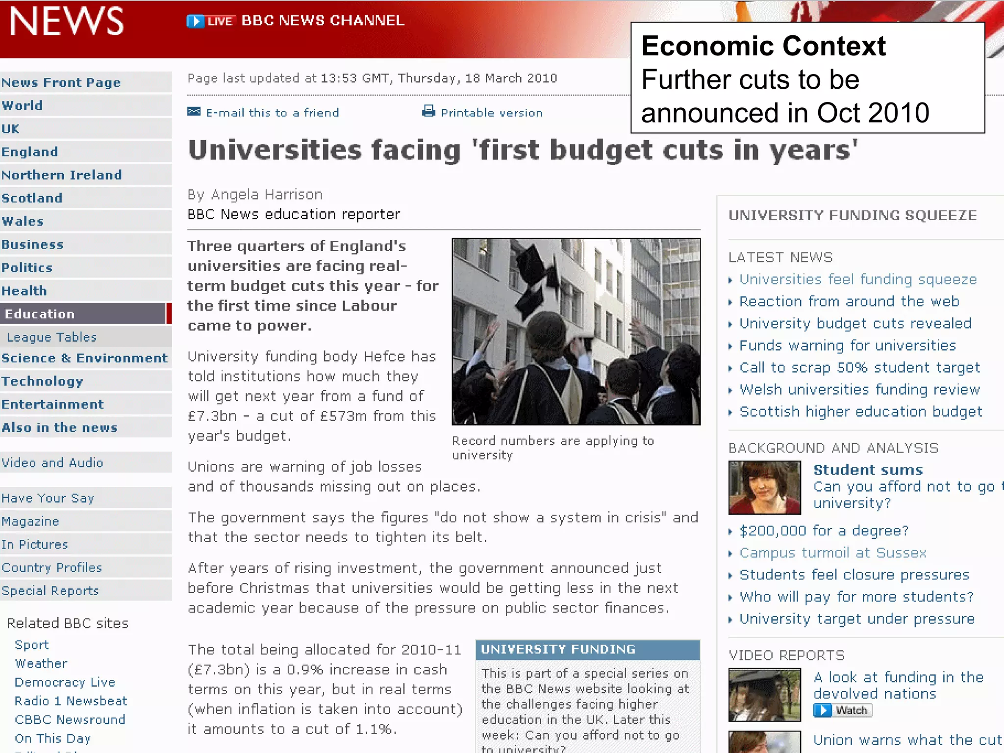 The Economic Context Public sector organisations across the UK and facing cuts Economic Context Further cuts to be announced in Oct 2010 