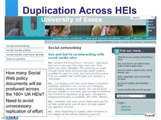 Duplication Across HEIs Need to minimise duplication of effort at institutional level How many Social Web policy documents will be produced across the 160+ UK HEIs? Need to avoid  unnecessary  replication of effort 