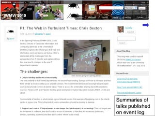 IWMW 2010 Blog The IWMW 2010 blog was used to: Advertise the event and the talks Provide summaries of the sessions Publish interviews with participants Summaries of talks published on event log 
