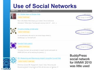 Use of Social Networks BuddyPress social network for IWMW 2010 was little used 