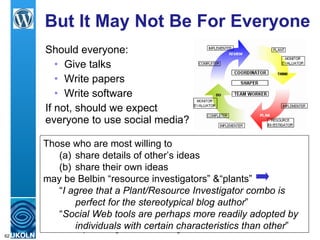 But It May Not Be For Everyone Should everyone: Give talks Write papers Write software If not, should we expect everyone to use social media? Those who are most willing to share details of other’s ideas  share their own ideas  may be Belbin “resource investigators” &“plants” “ I agree that a Plant/Resource Investigator combo is perfect for the stereotypical blog author ” “ Social Web tools are perhaps more readily adopted by individuals with certain characteristics than other ” 