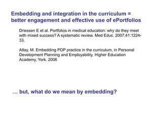 Embedding and integration in the curriculum = 
better engagement and effective use of ePortfolios 
Driessen E et al. Portfolios in medical education: why do they meet 
with mixed success? A systematic review. Med Educ. 2007;41:1224- 
33. 
Atlay, M. Embedding PDP practice in the curriculum, in Personal 
Development Planning and Employability, Higher Education 
Academy, York. 2006 
… but, what do we mean by embedding? 
 