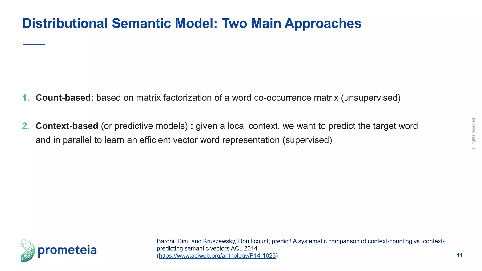 11
allrightsreserved
1. Count-based: based on matrix factorization of a word co-occurrence matrix (unsupervised)
2. Context-based (or predictive models) : given a local context, we want to predict the target word
and in parallel to learn an efficient vector word representation (supervised)
Distributional Semantic Model: Two Main Approaches
Baroni, Dinu and Kruszewsky, Don’t count, predict! A systematic comparison of context-counting vs. context-
predicting semantic vectors ACL 2014
(https://www.aclweb.org/anthology/P14-1023)
 