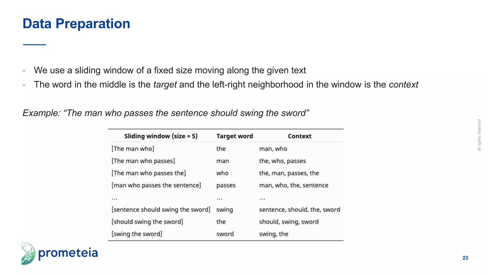 23
allrightsreserved
- We use a sliding window of a fixed size moving along the given text
- The word in the middle is the target and the left-right neighborhood in the window is the context
Example: “The man who passes the sentence should swing the sword”
Data Preparation
 