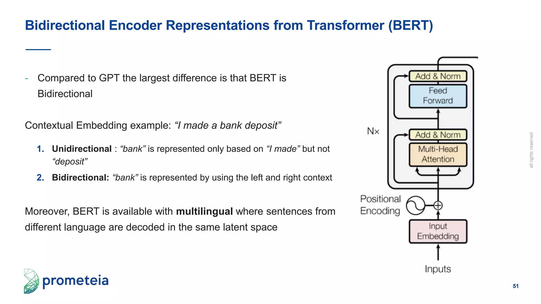 51
allrightsreserved
- Compared to GPT the largest difference is that BERT is
Bidirectional
Contextual Embedding example: “I made a bank deposit”
1. Unidirectional : “bank” is represented only based on “I made” but not
“deposit”
2. Bidirectional: “bank” is represented by using the left and right context
Moreover, BERT is available with multilingual where sentences from
different language are decoded in the same latent space
Bidirectional Encoder Representations from Transformer (BERT)
 