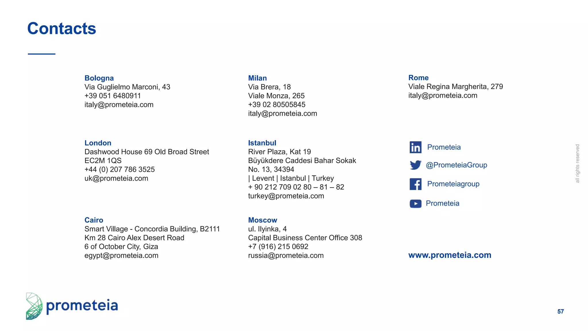 57
allrightsreserved
Contacts
Bologna
Via Guglielmo Marconi, 43
+39 051 6480911
italy@prometeia.com
Milan
Via Brera, 18
Viale Monza, 265
+39 02 80505845
italy@prometeia.com
Cairo
Smart Village - Concordia Building, B2111
Km 28 Cairo Alex Desert Road
6 of October City, Giza
egypt@prometeia.com
Istanbul
River Plaza, Kat 19
Büyükdere Caddesi Bahar Sokak
No. 13, 34394
| Levent | Istanbul | Turkey
+ 90 212 709 02 80 – 81 – 82
turkey@prometeia.com
London
Dashwood House 69 Old Broad Street
EC2M 1QS
+44 (0) 207 786 3525
uk@prometeia.com
Moscow
ul. Ilyinka, 4
Capital Business Center Office 308
+7 (916) 215 0692
russia@prometeia.com
Rome
Viale Regina Margherita, 279
italy@prometeia.com
www.prometeia.com
Prometeiagroup
Prometeia
@PrometeiaGroup
Prometeia
 