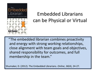 Embedded Librarians
can be Physical or Virtual
“The embedded librarian combines proactivity
and energy with strong working relationships,
close alignment with team goals and objectives,
shared responsibility for outcomes, and full
membership in the team.”
Shumaker, D. (2012). The Embedded Librarians. Online, 36(4), 24-27.
 