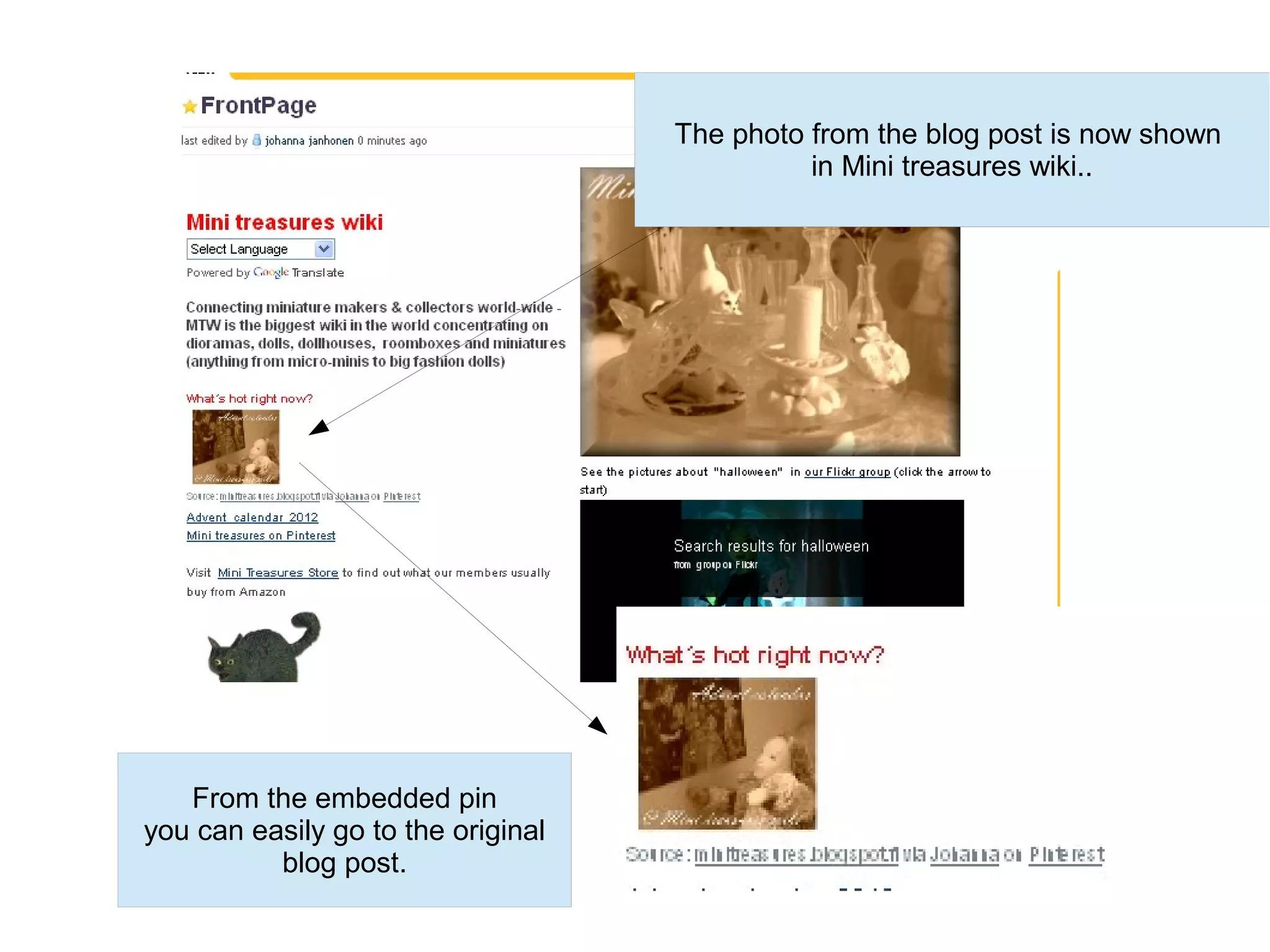 The photo from the blog post is now shown
                                              in Mini treasures wiki..




   From the embedded pin
you can easily go to the original
          blog post.
 