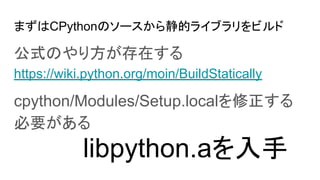 ޤCPythonΥ`龲ĥ饤֥ӥ
ʽΤ귽ڤ
https://wiki.python.org/moin/BuildStatically
cpython/Modules/Setup.local
Ҫ
libpython.a
 