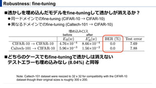 Robustness: fine-tuning
! 透かしを埋め込んだモデルをfine-tuningして透かしが消えるか？
" 同⼀ドメインでのfine-tuning (CIFAR-10 → CIFAR-10)
" 異なるドメインでのfine-tuning (Caltech-101 → CIFAR-10)
! どちらのケースでもfine-tuningで透かしは消えない
テストエラーも埋め込みなし (8.04%) と同等
Note: Caltech-101 dataset were resized to 32 x 32 for compatibility with the CIFAR-10
dataset though their original sizes is roughly 300 x 200.
埋め込みロス
before after
 