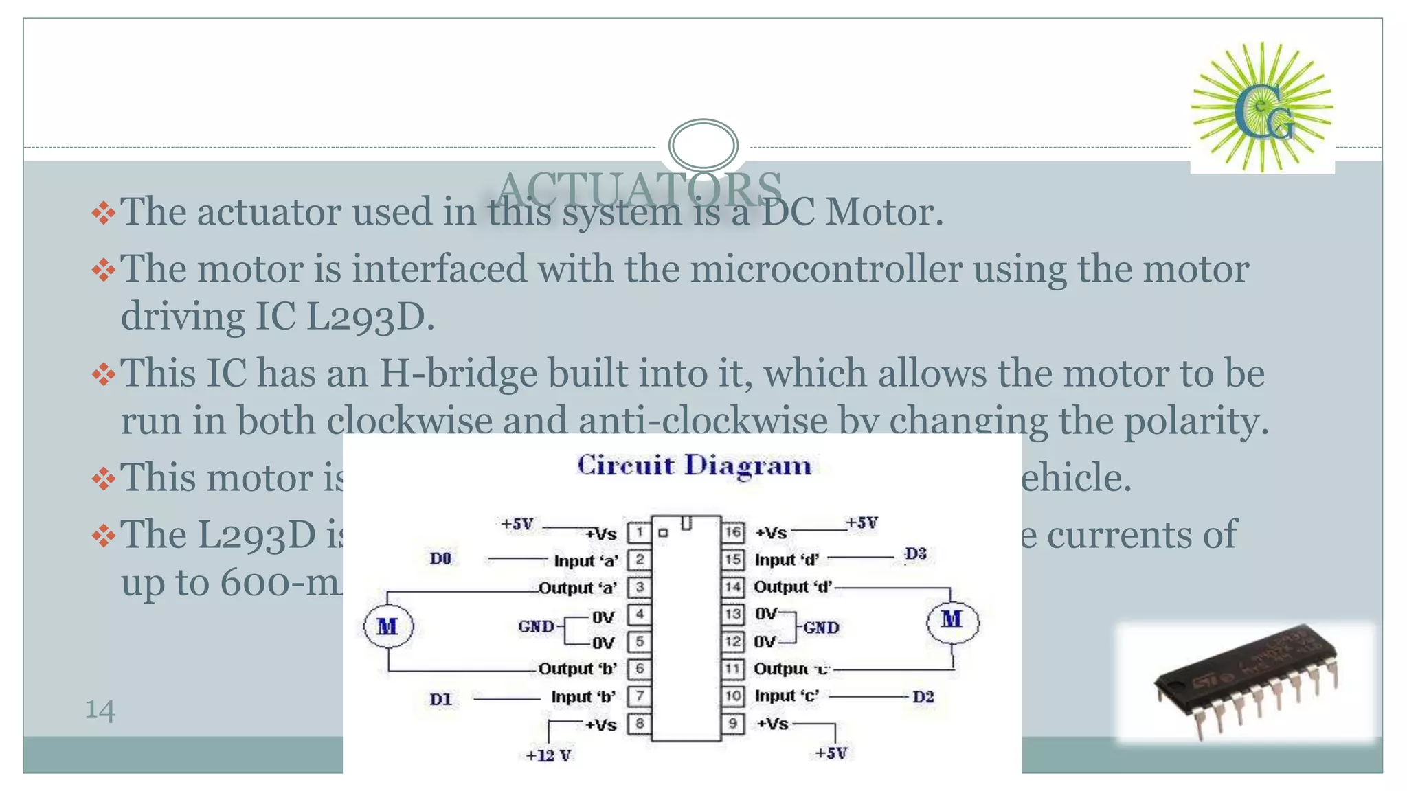 ACTUATORS
14
The actuator used in this system is a DC Motor.
The motor is interfaced with the microcontroller using the motor
driving IC L293D.
This IC has an H-bridge built into it, which allows the motor to be
run in both clockwise and anti-clockwise by changing the polarity.
This motor is responsible for the movement of the vehicle.
The L293D is designed to provide bidirectional drive currents of
up to 600-mA at voltages from 4.5 V to 36 V.
 