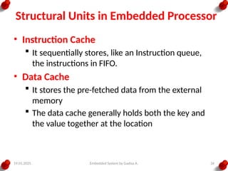 19.01.2025 Embedded System by Gadisa A. 34
Structural Units in Embedded Processor
• Instruction Cache
 It sequentially stores, like an Instruction queue,
the instructions in FIFO.
• Data Cache
 It stores the pre-fetched data from the external
memory
 The data cache generally holds both the key and
the value together at the location
 