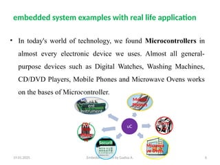 19.01.2025 Embedded System by Gadisa A. 6
embedded system examples with real life application
• In today's world of technology, we found Microcontrollers in
almost every electronic device we uses. Almost all general-
purpose devices such as Digital Watches, Washing Machines,
CD/DVD Players, Mobile Phones and Microwave Ovens works
on the bases of Microcontroller.
uC
Mobile
Phones
Came
ras
Microwa
ve Oven.
Securit
y
Alarms
CD/
DVD
Playe
rs
Electronic
Measurem
ent
Instrument
s.
 