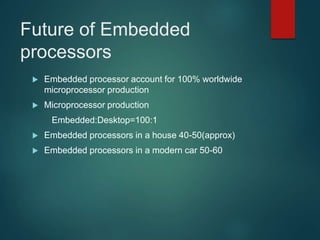 Future of Embedded
processors
 Embedded processor account for 100% worldwide
microprocessor production
 Microprocessor production
Embedded:Desktop=100:1
 Embedded processors in a house 40-50(approx)
 Embedded processors in a modern car 50-60
 