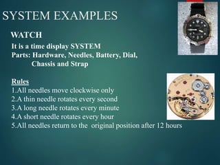 4SYSTEM EXAMPLES
WATCH
It is a time display SYSTEM
Parts: Hardware, Needles, Battery, Dial,
Chassis and Strap
Rules
1.All needles move clockwise only
2.A thin needle rotates every second
3.A long needle rotates every minute
4.A short needle rotates every hour
5.All needles return to the original position after 12 hours
 